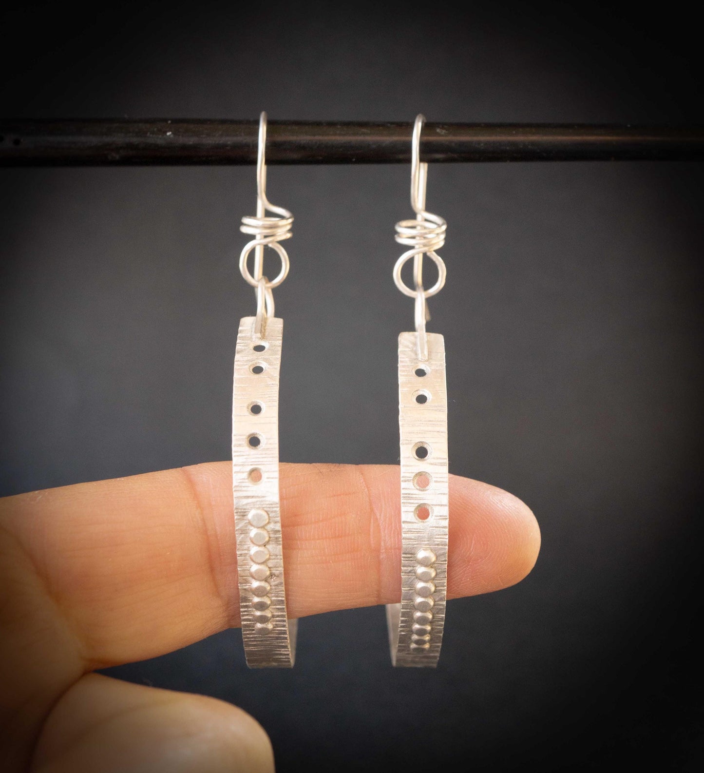 Sterling Silver Half Hoop Earrings: Textured Oxidized Design, handmade