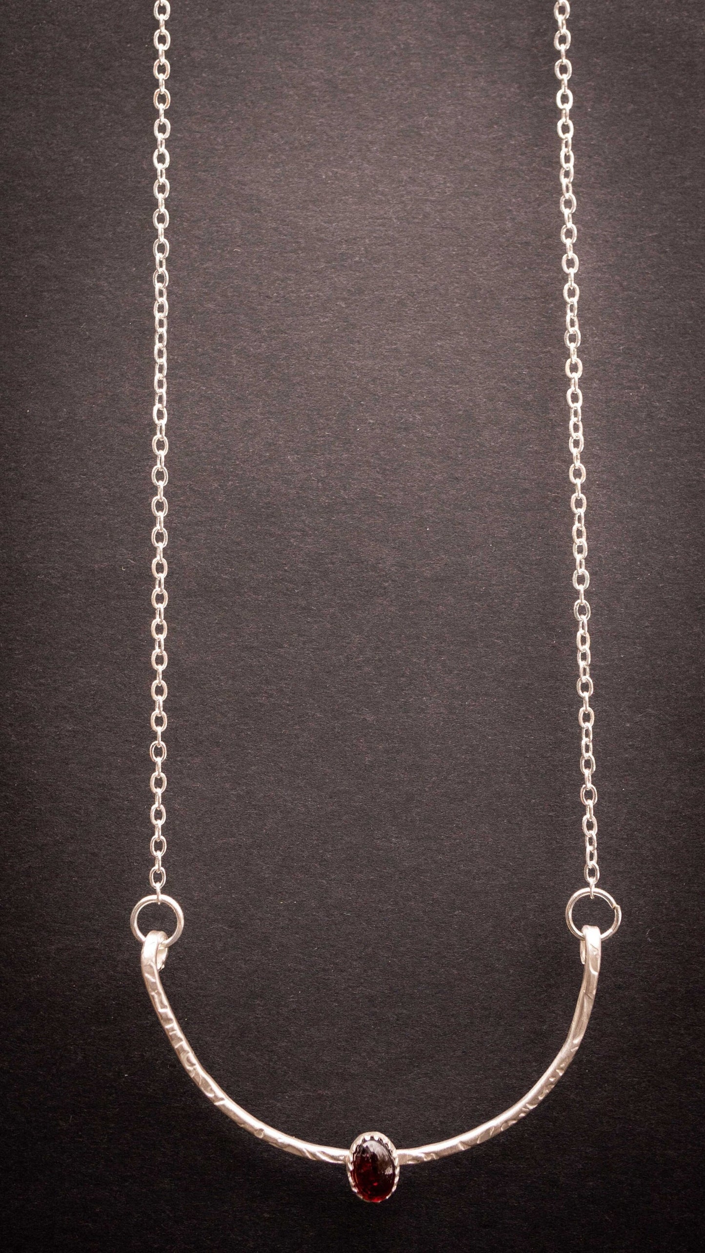 Garnet Necklace: January Birthstone, Textured Sterling Silver Bar