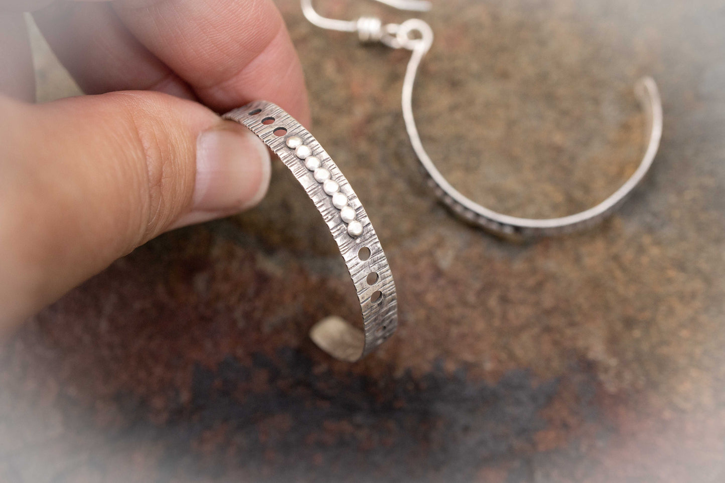 Sterling Silver Half Hoop Earrings: Textured Oxidized Design, handmade