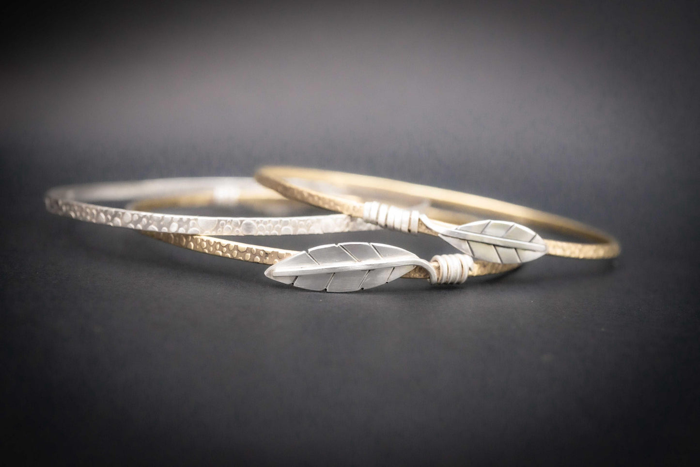 Mixed Metal Bangle Bracelet Set: Sterling Silver Leaf & Brass, set of three