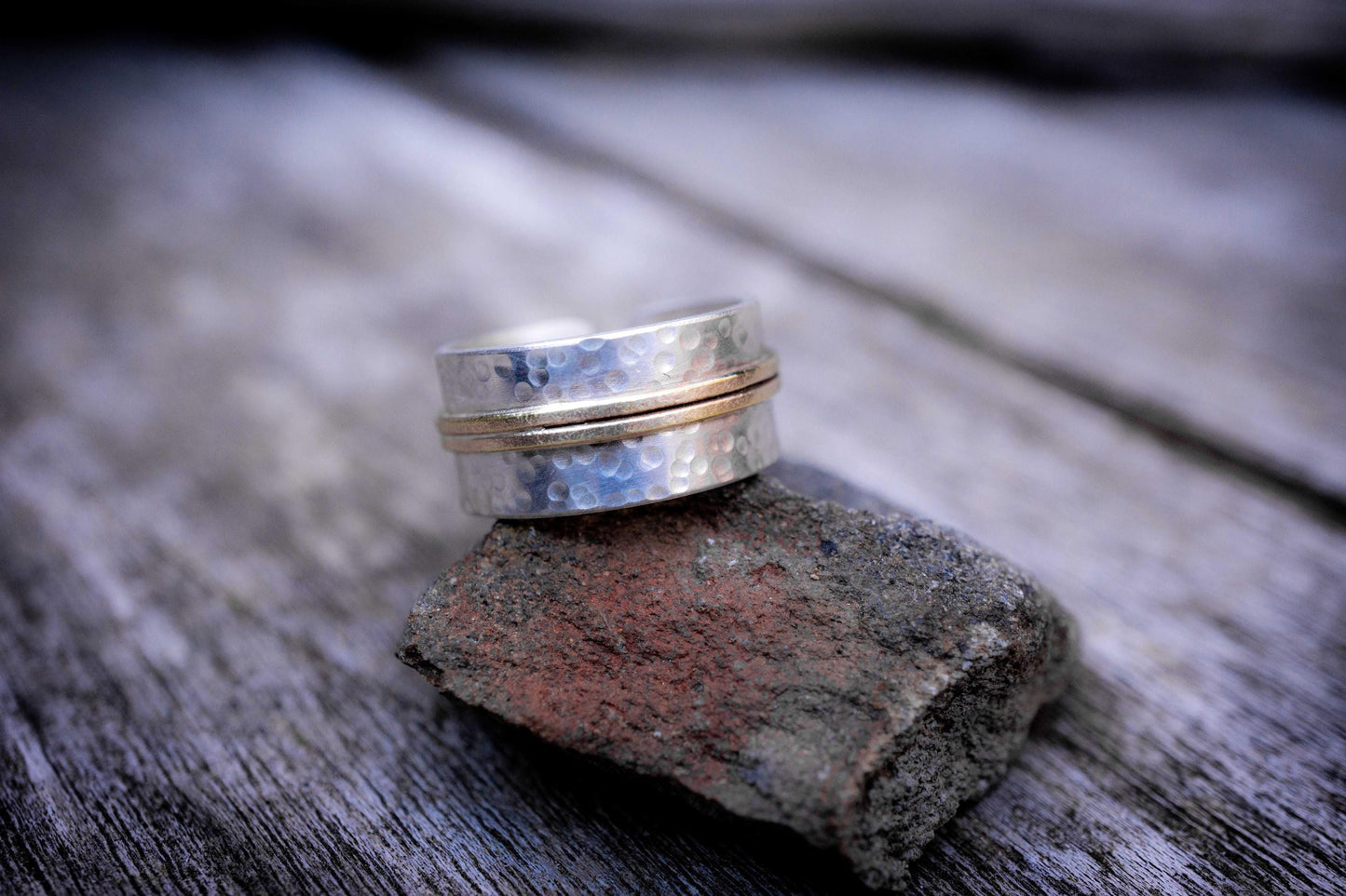 Hammered Sterling Silver & Gold Ring: Mixed Metal Open Band
