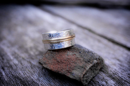 Hammered Sterling Silver & Gold Ring: Mixed Metal Open Band