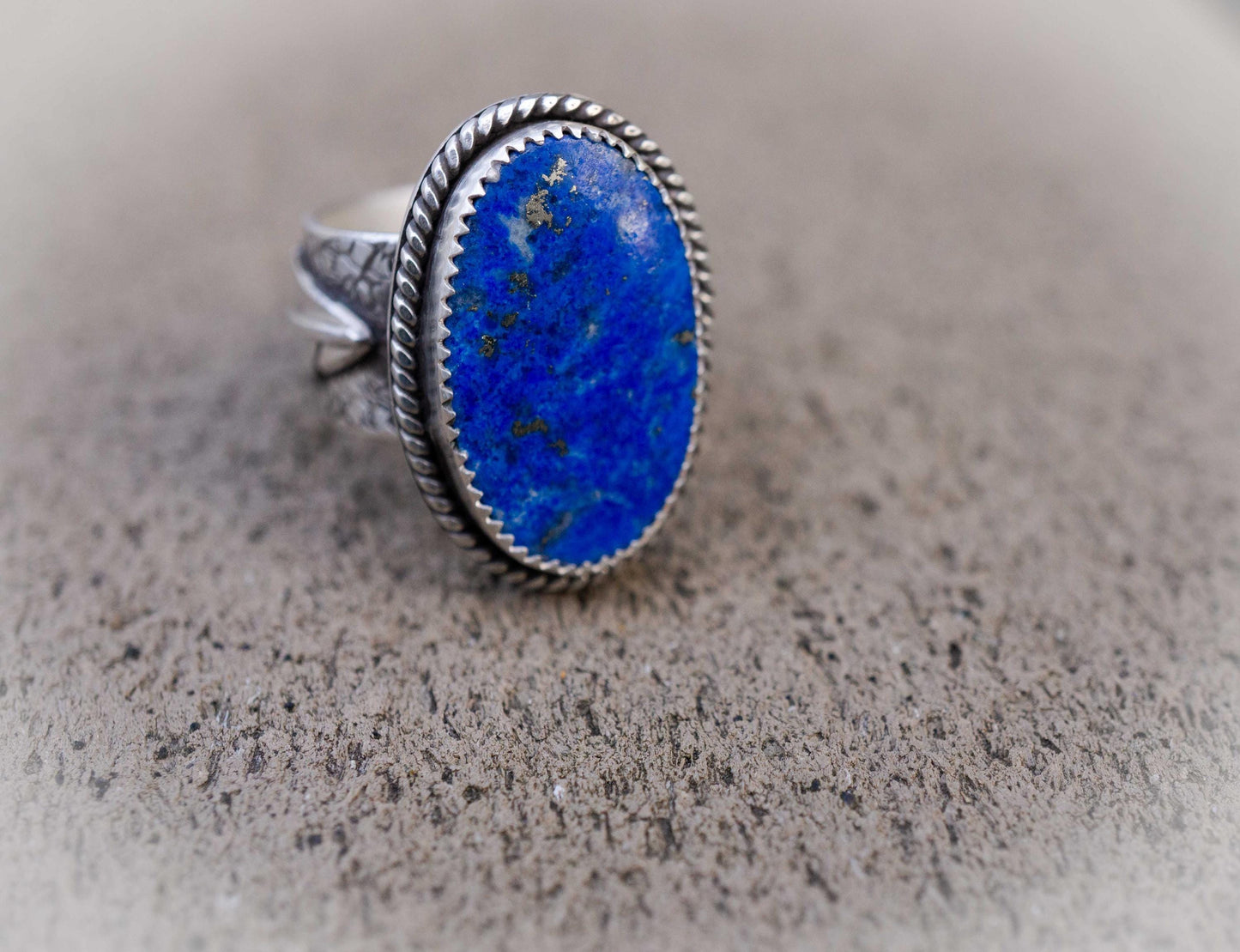 Lapis Lazuli Sterling Silver Ring | Handmade with Silver Leaf and oxidation, size 7