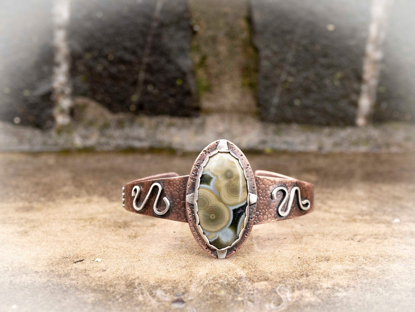 Copper Cuff Bracelet with Oval Jasper Gemstone, handmade
