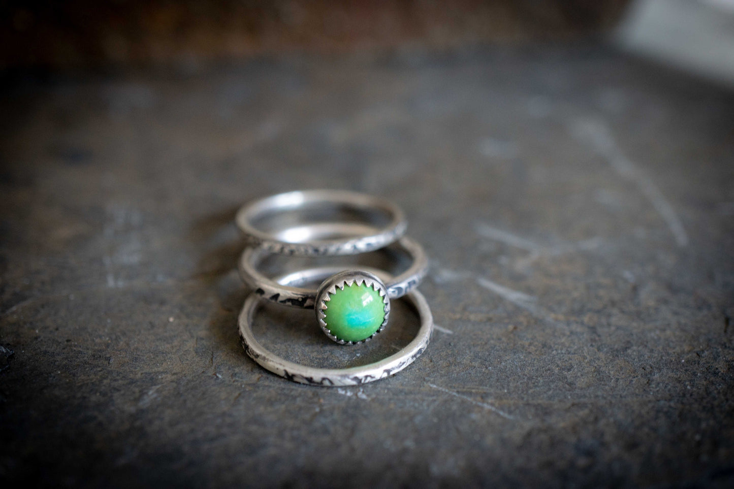 Sonoran Gold Turquoise Stacking Rings: Textured Sterling Silver Ring Set