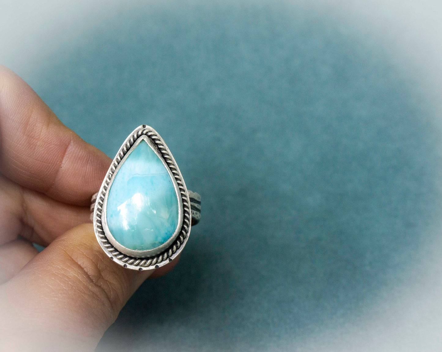 Larimar Sterling Silver Ring: Pear-Shaped Blue Gemstone, Size 9.5