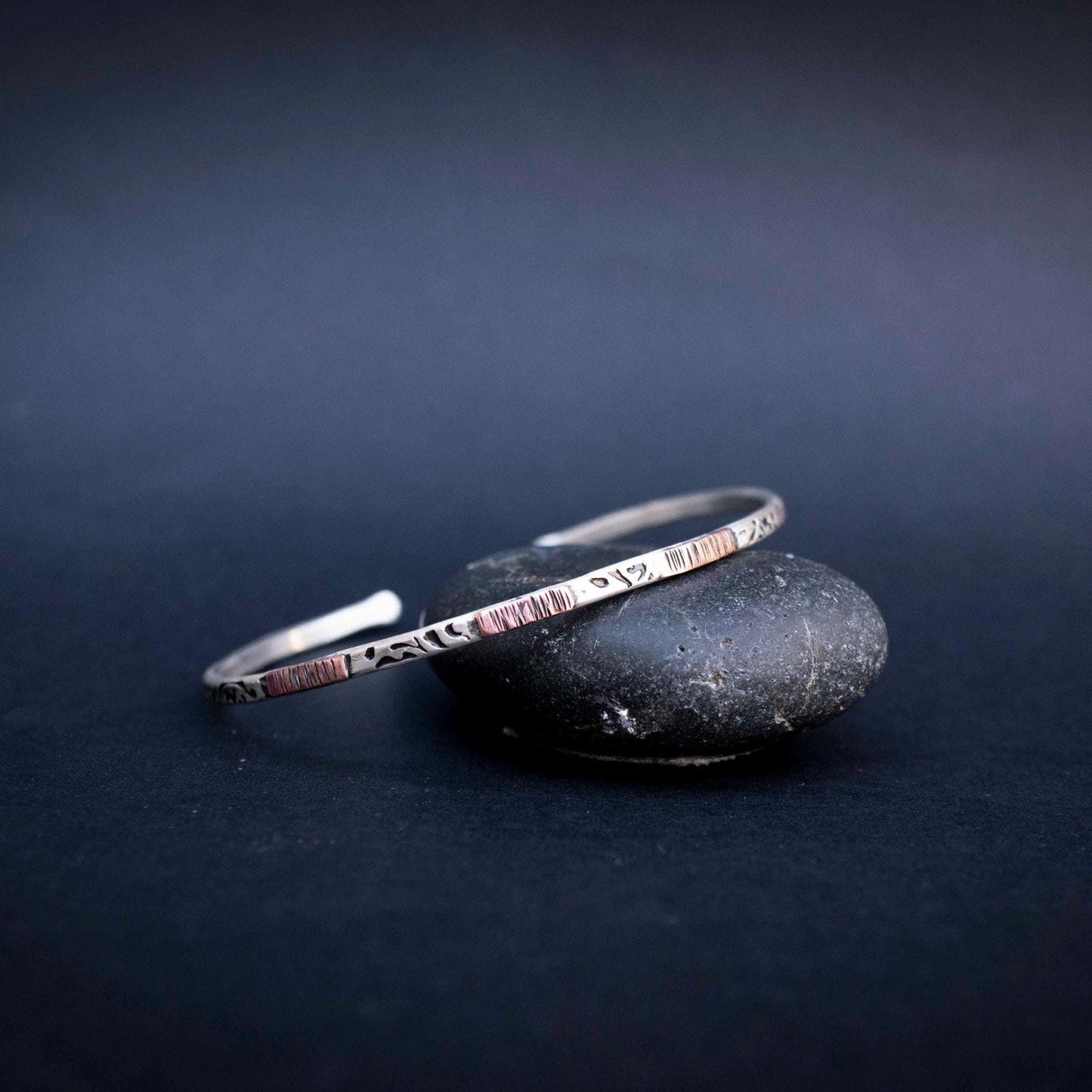 Handmade Thin Silver Cuff Bracelet: Copper Accent, Rugged Design