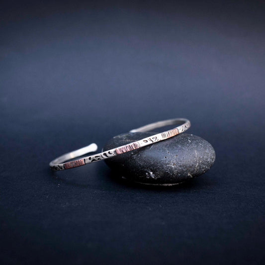 Handmade Thin Silver Cuff Bracelet: Copper Accent, Rugged Design