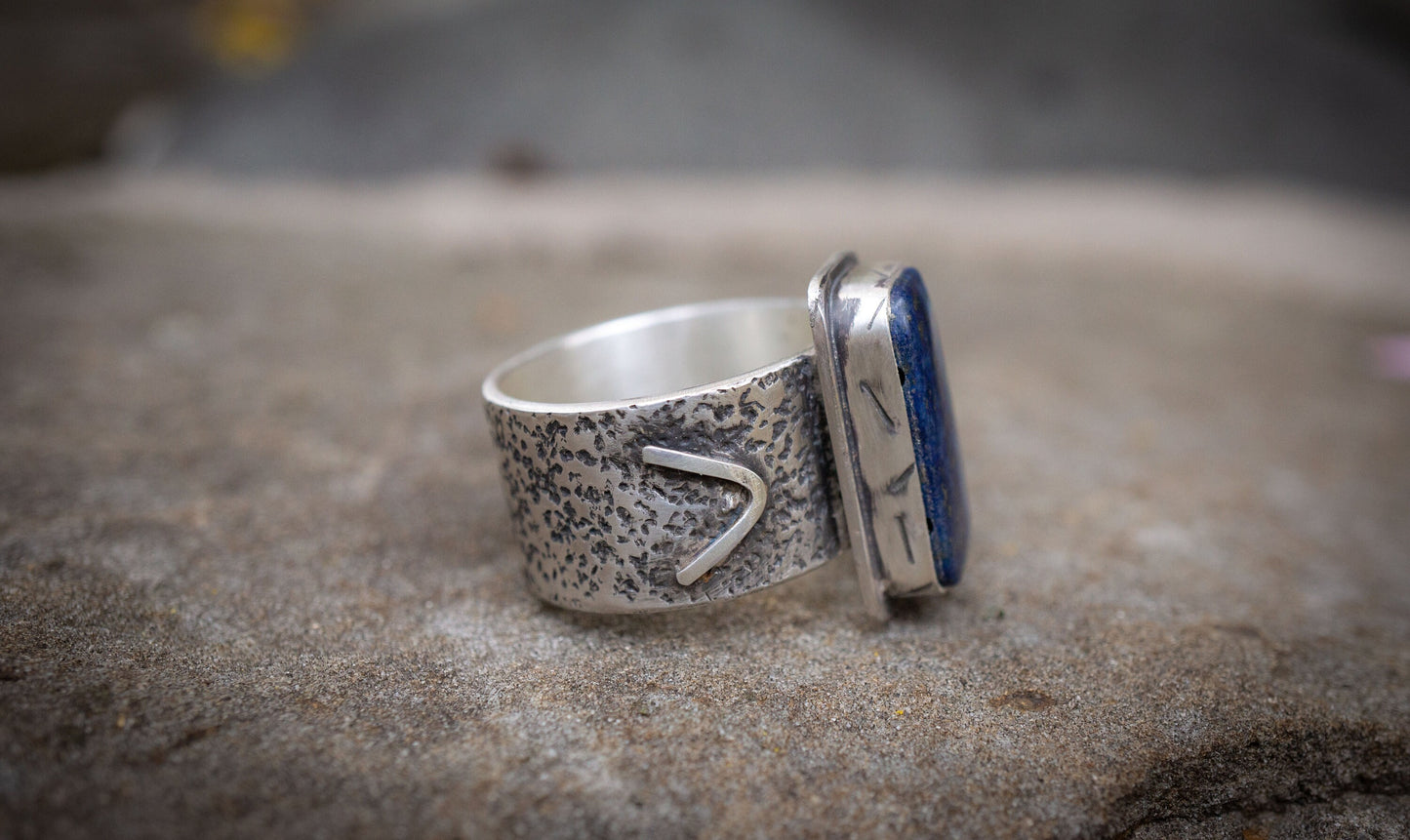 Lapis Lazuli Ring all sterling silver; Handmade Rustic Ring Size 11