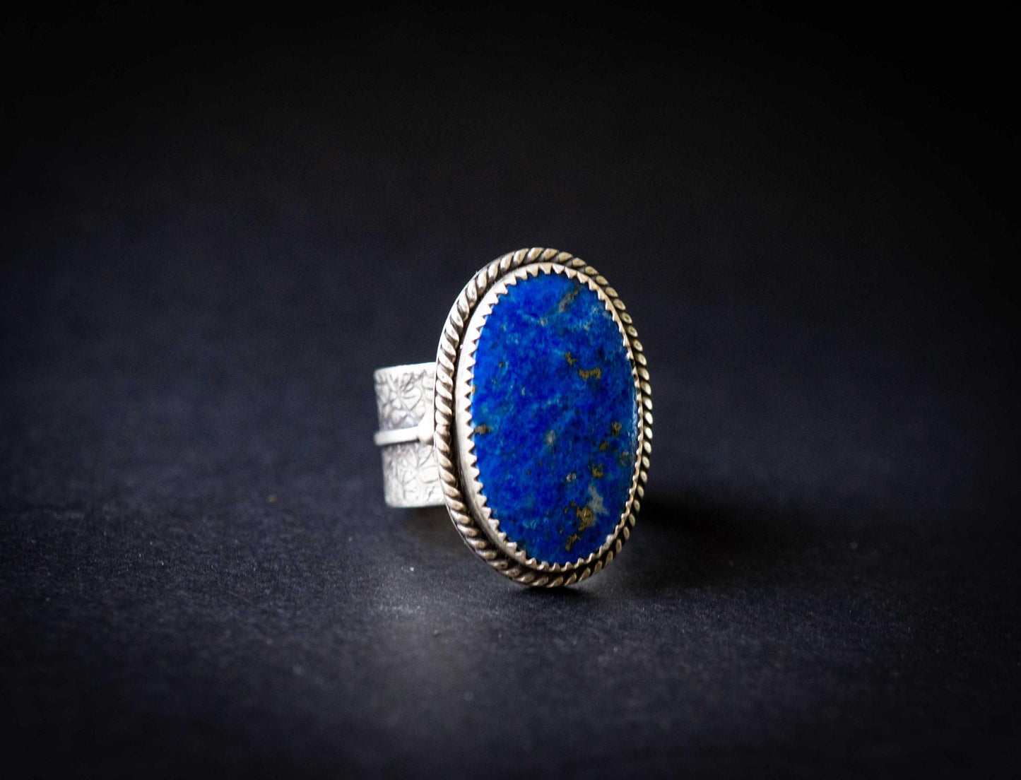 Lapis Lazuli Sterling Silver Ring | Handmade with Silver Leaf and oxidation, size 7