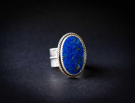Lapis Lazuli Sterling Silver Ring | Handmade with Silver Leaf and oxidation, size 7
