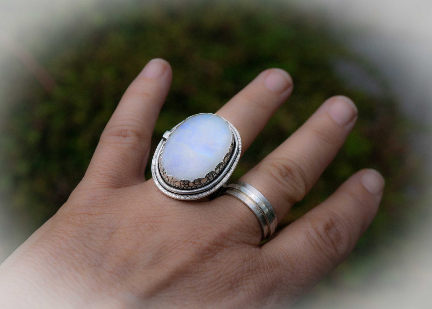 Big Moonstone Ring, all sterling silver handmade, adjustable ring band