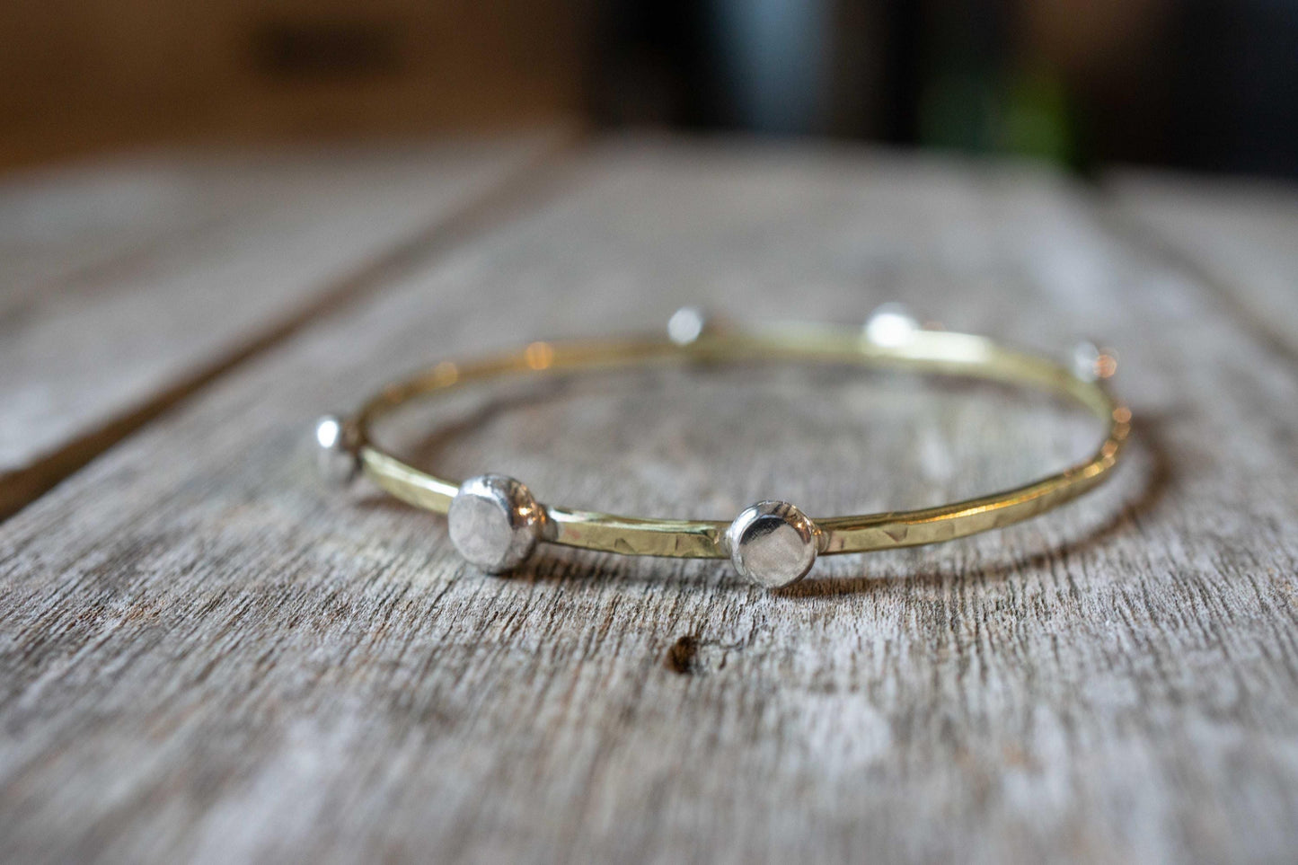 Mixed Metal Bangle Bracelet: Brass with Sterling Silver Dots