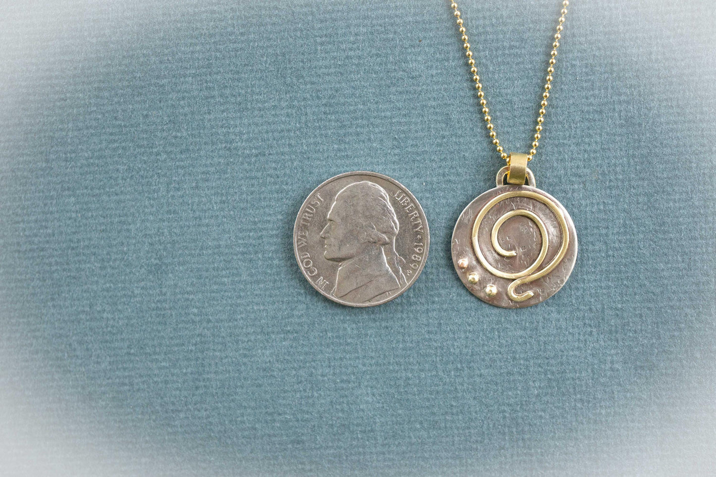 Gratitude Pendant, mixed metal silver and gold, handmade