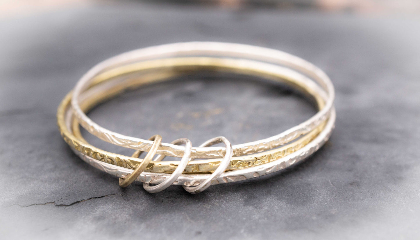 Bangle Bracelet Set, handcrafted Stacking Bangles, Silver and Gold