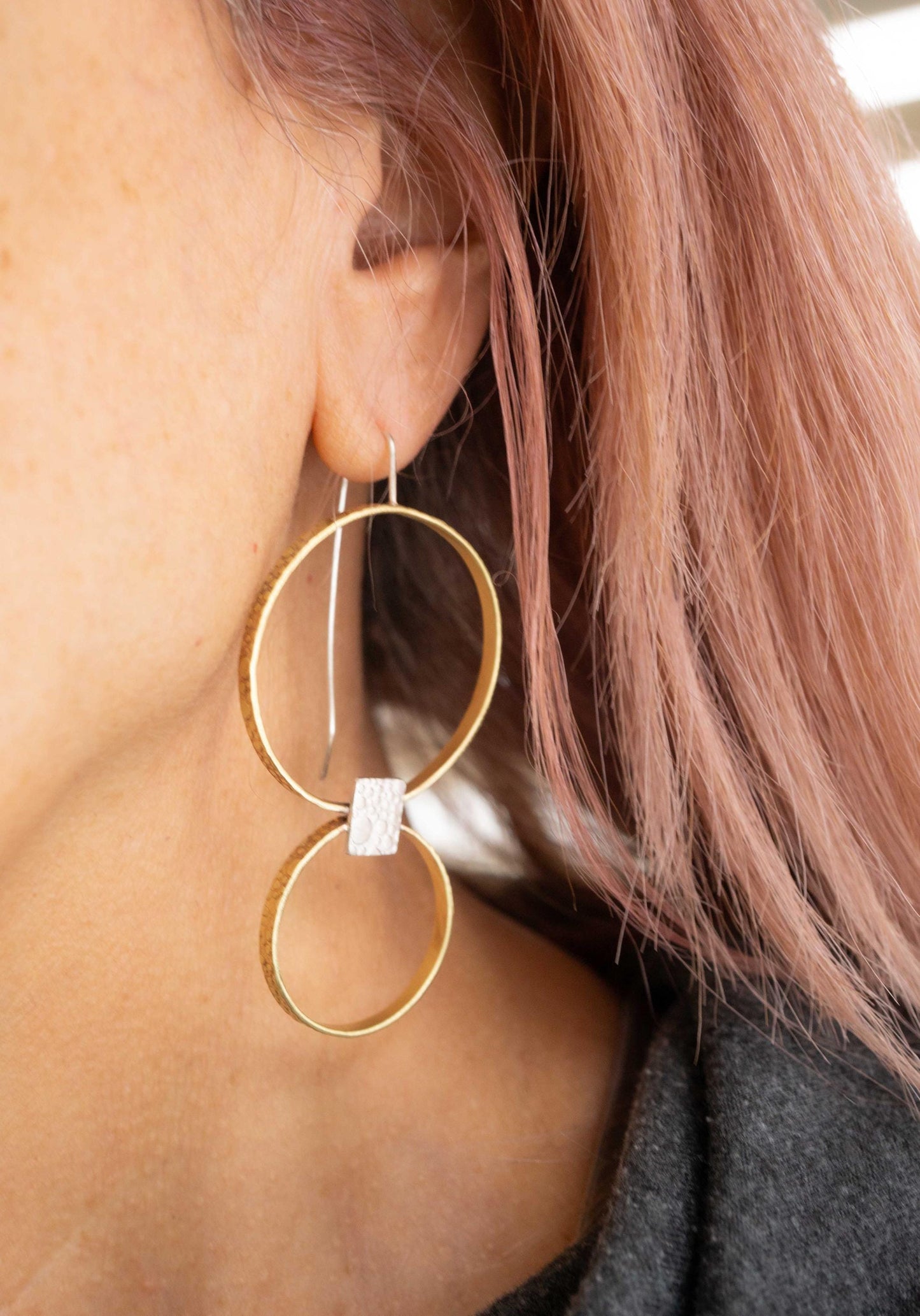 Gold Threader Earrings, Mixed Metal Hoop Earrings, Silver and Brass
