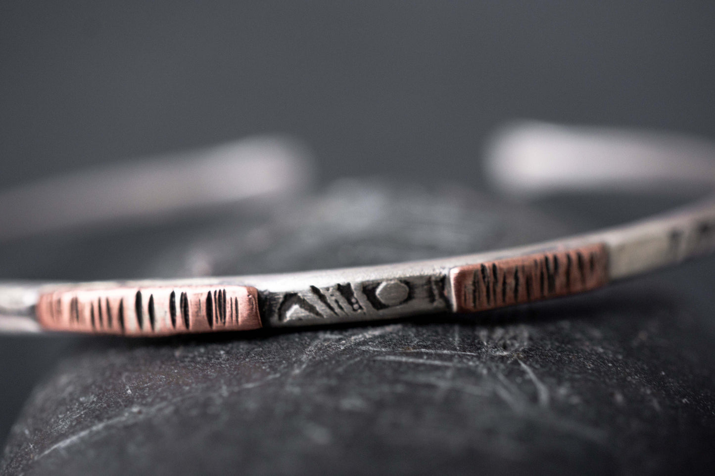 Handmade Thin Silver Cuff Bracelet: Copper Accent, Rugged Design