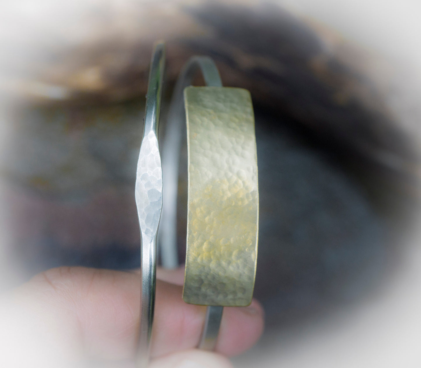 Mixed Metal Stacking Bangle: Hand-Textured Brass & Silver Bracelet