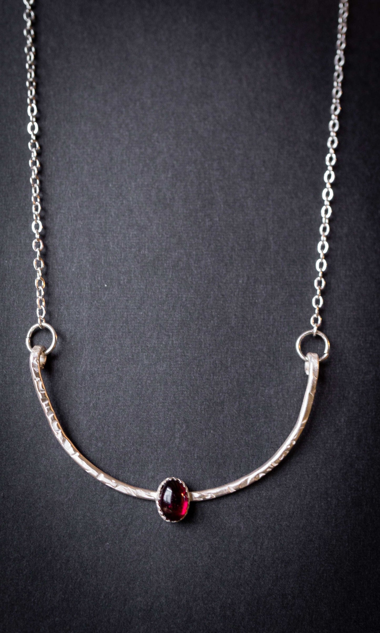 Garnet Necklace: January Birthstone, Textured Sterling Silver Bar