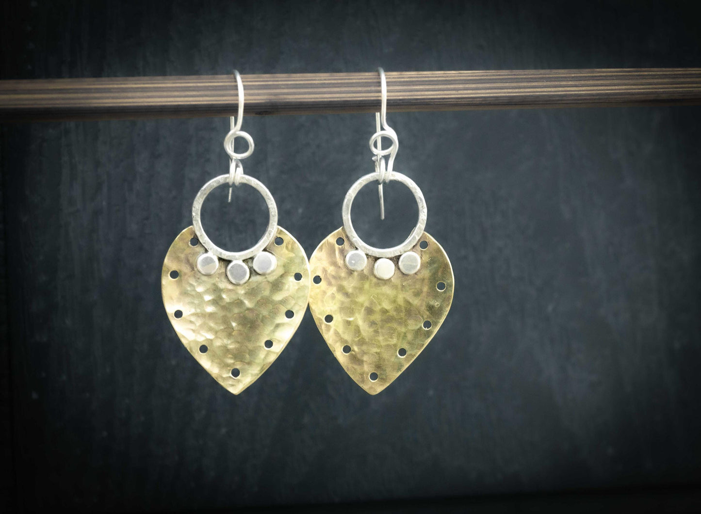 Hammered Brass and Sterling Silver Earrings: Mixed Metal Dangle Earrings