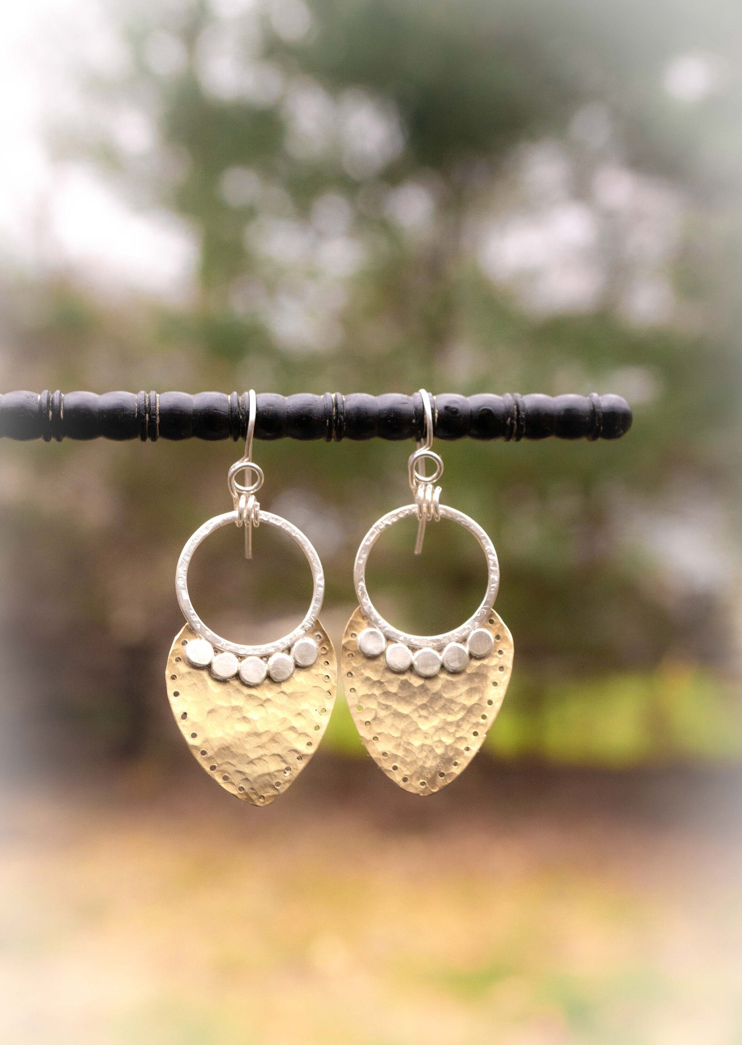 Hammered Brass and Sterling Silver Earrings: Mixed Metal Dangle Earrings