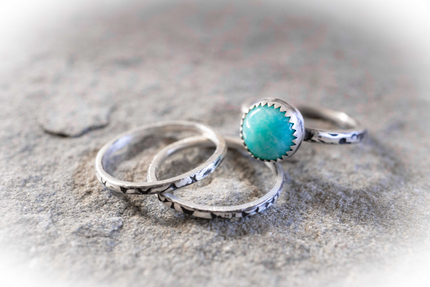 Sterling Silver Stacking Rings with Amazonite; BOHO Silver Rings set of 3, handmade