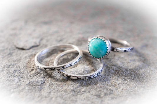 Sterling Silver Stacking Rings with Amazonite; BOHO Silver Rings set of 3, handmade