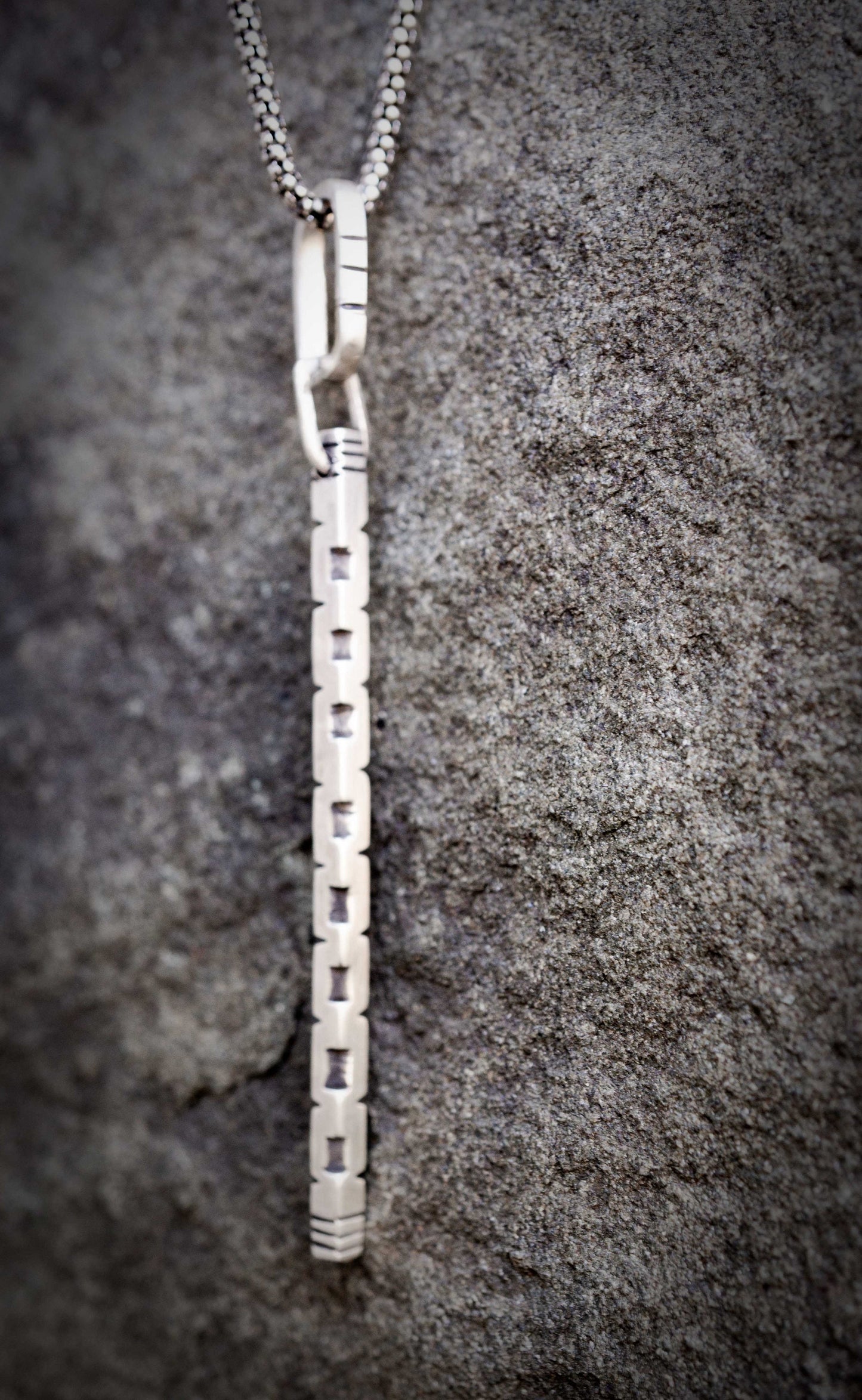 Hand Carved Sterling Silver Bar Pendant Necklace for Men