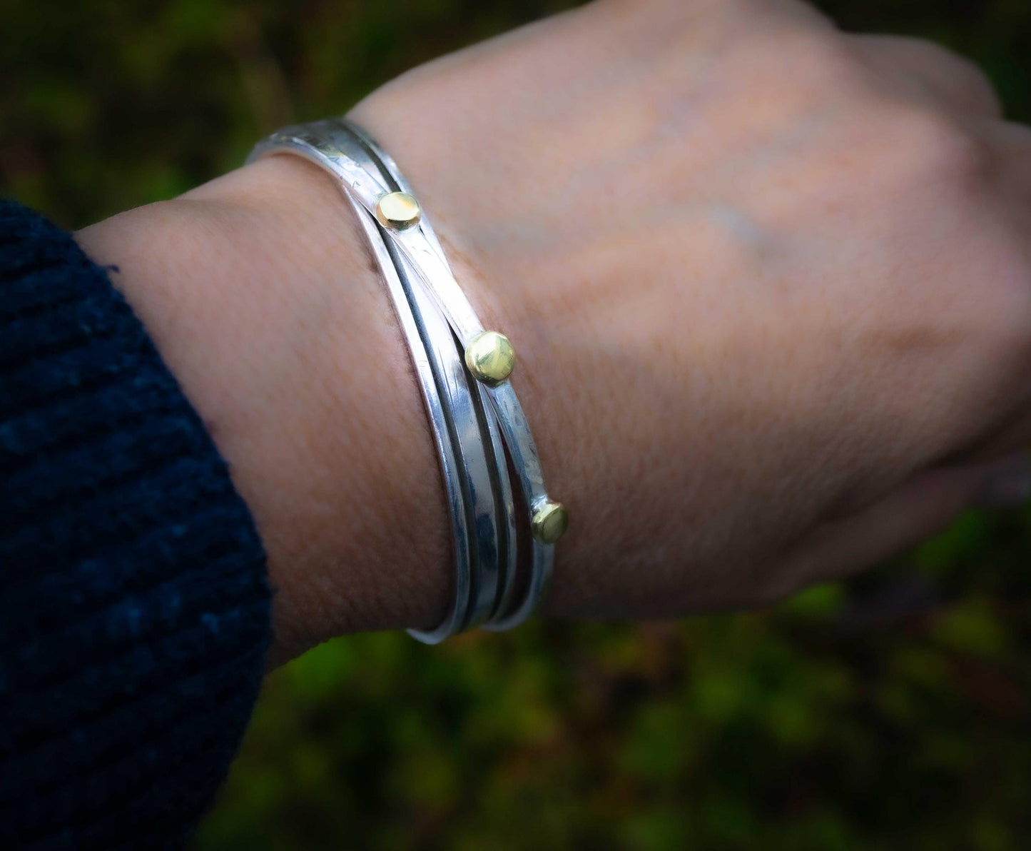 Handmade Sterling Silver Cuff Bracelet | Brass Detail, Minimalist Jewelry