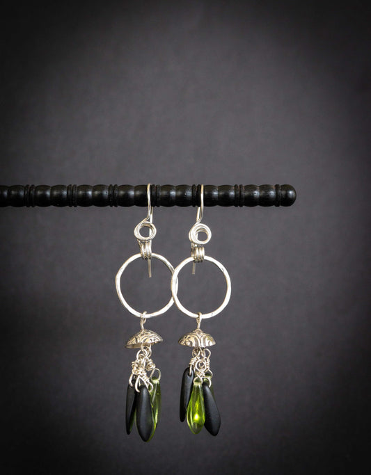 Long Glass Bead Earrings, Handmade Beaded Hoop Earrings Sterling Silver