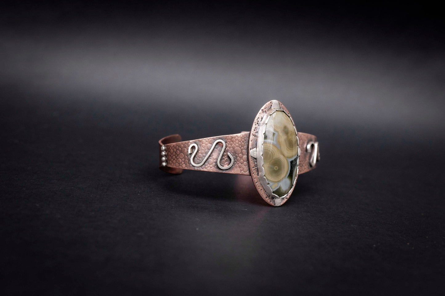 Copper Cuff Bracelet with Oval Jasper Gemstone, handmade