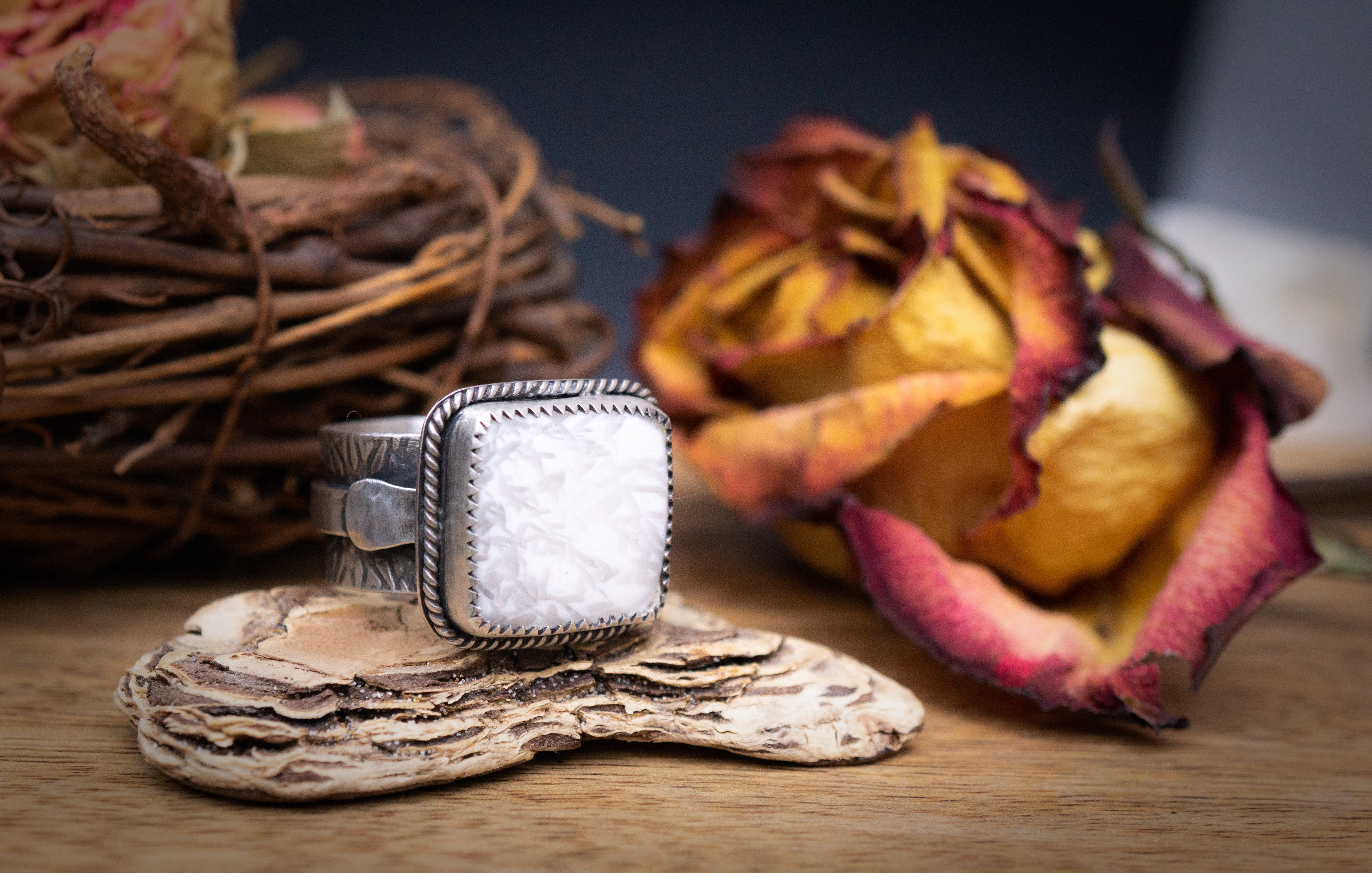 Our handmade, rustic style, sterling silver Scolecite Ring